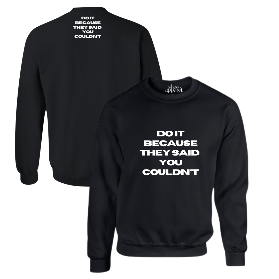 Black unisex crew white writing