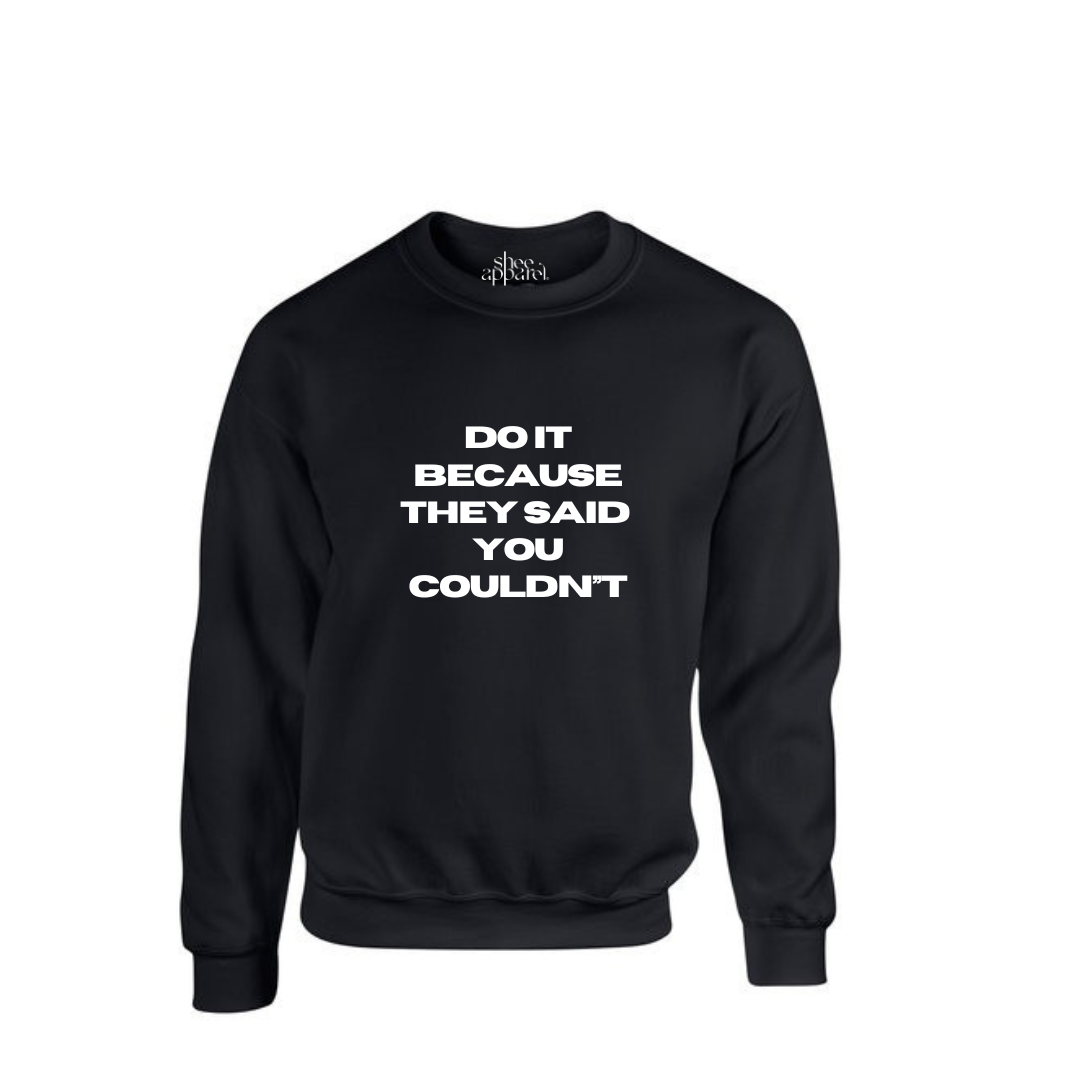 Black unisex crew white writing