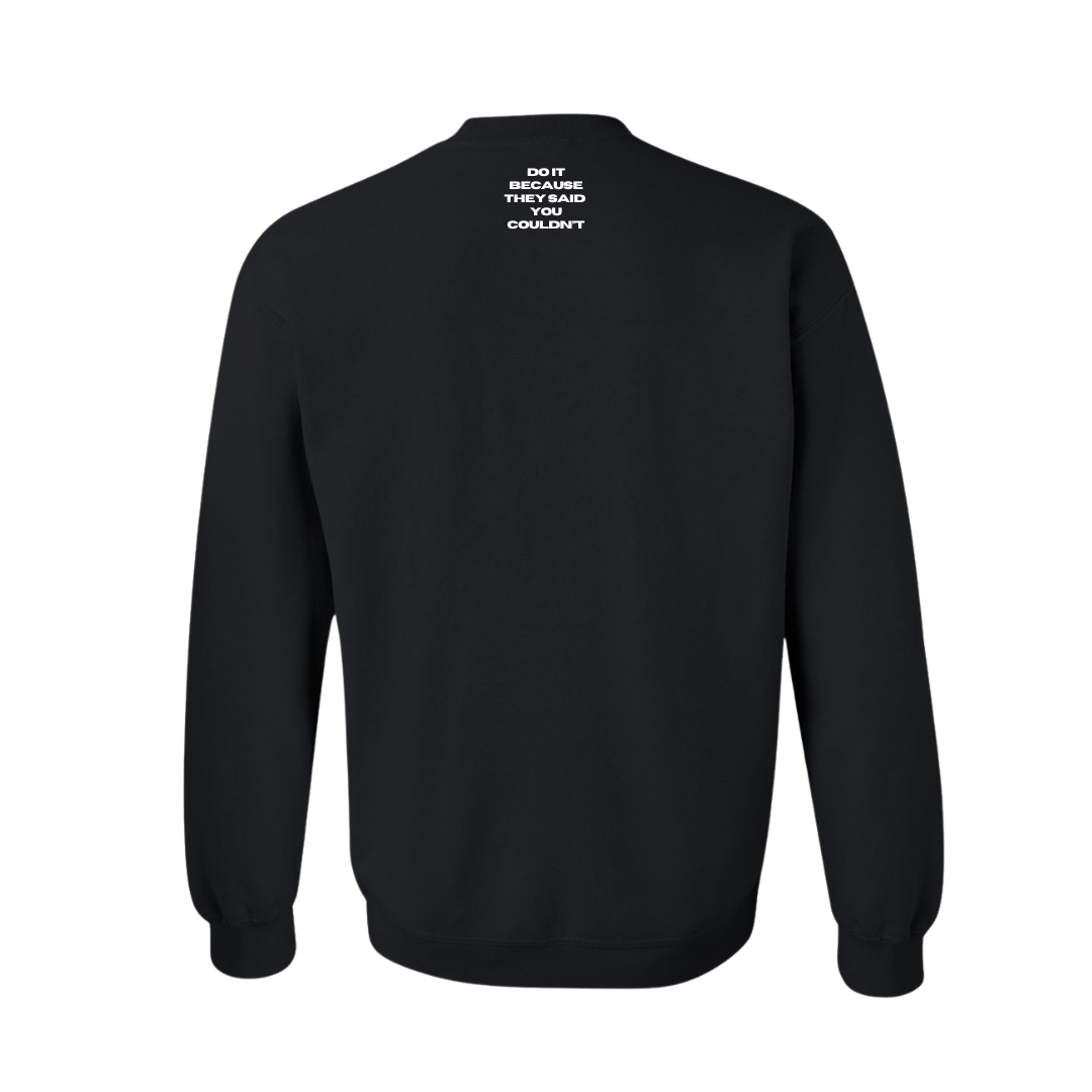 Black unisex crew white writing