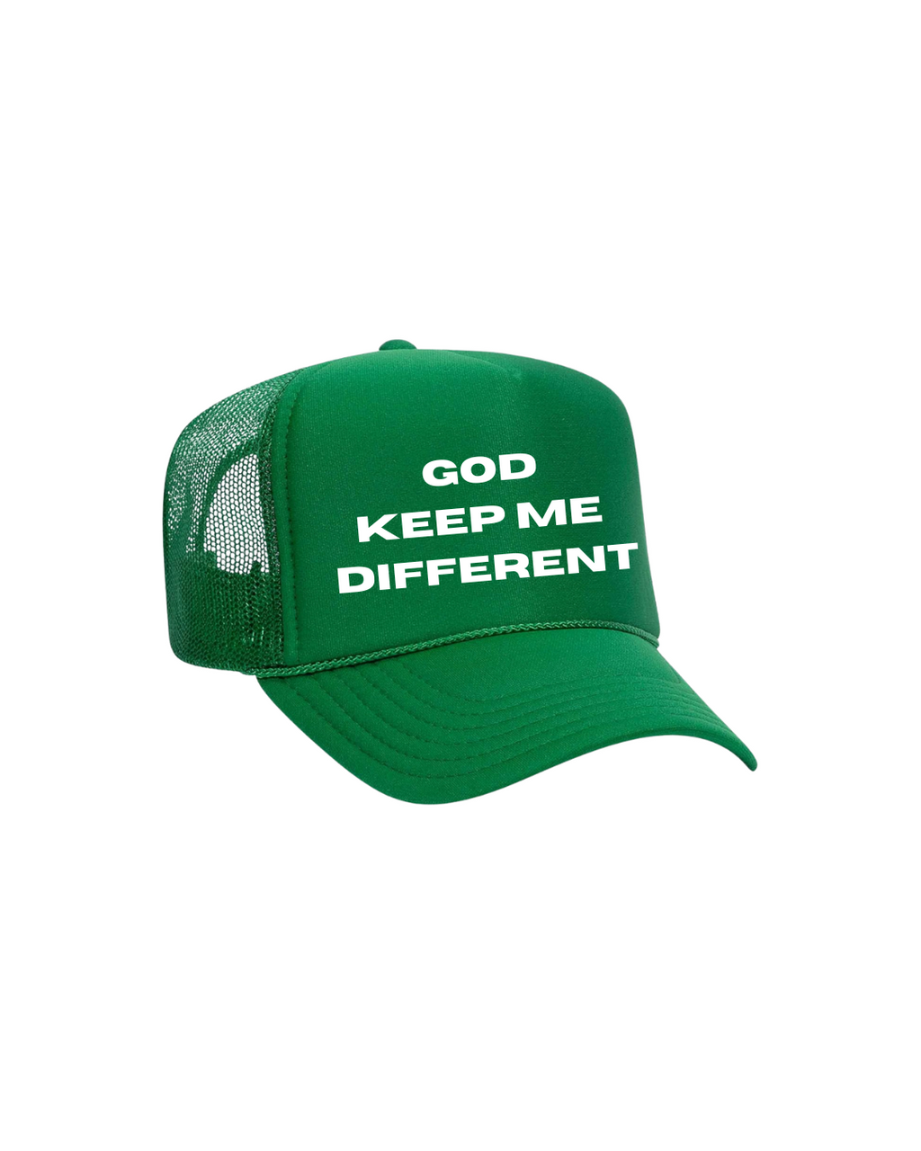 Green cap with 'GOD KEEP ME DIFFERENT' 