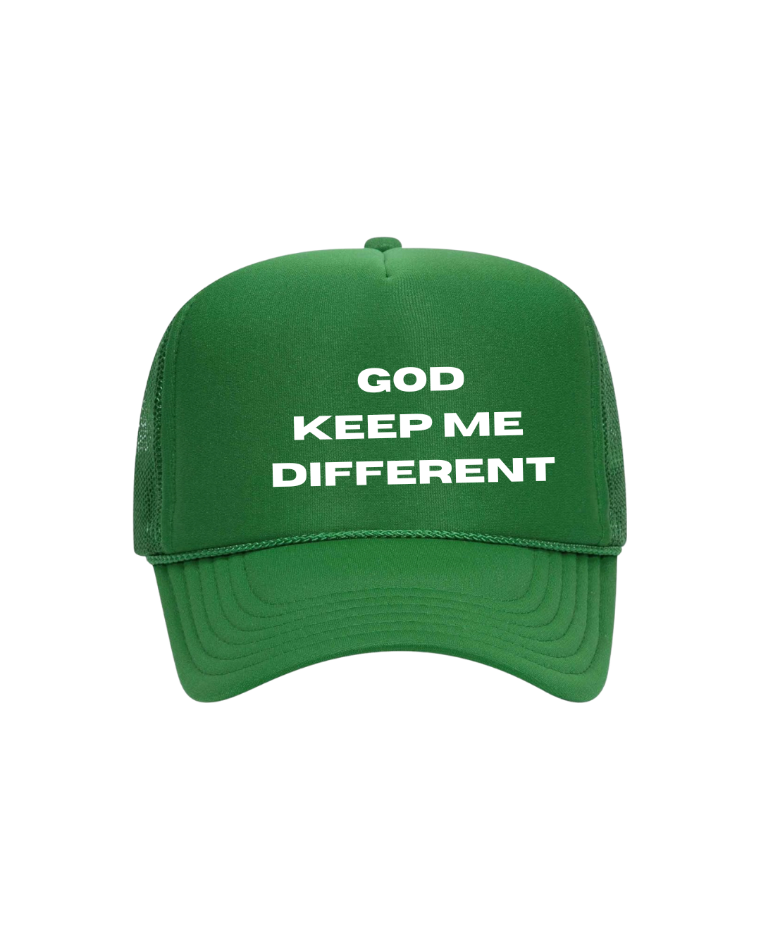 Green cap with 'GOD KEEP ME DIFFERENT' Trucker hat