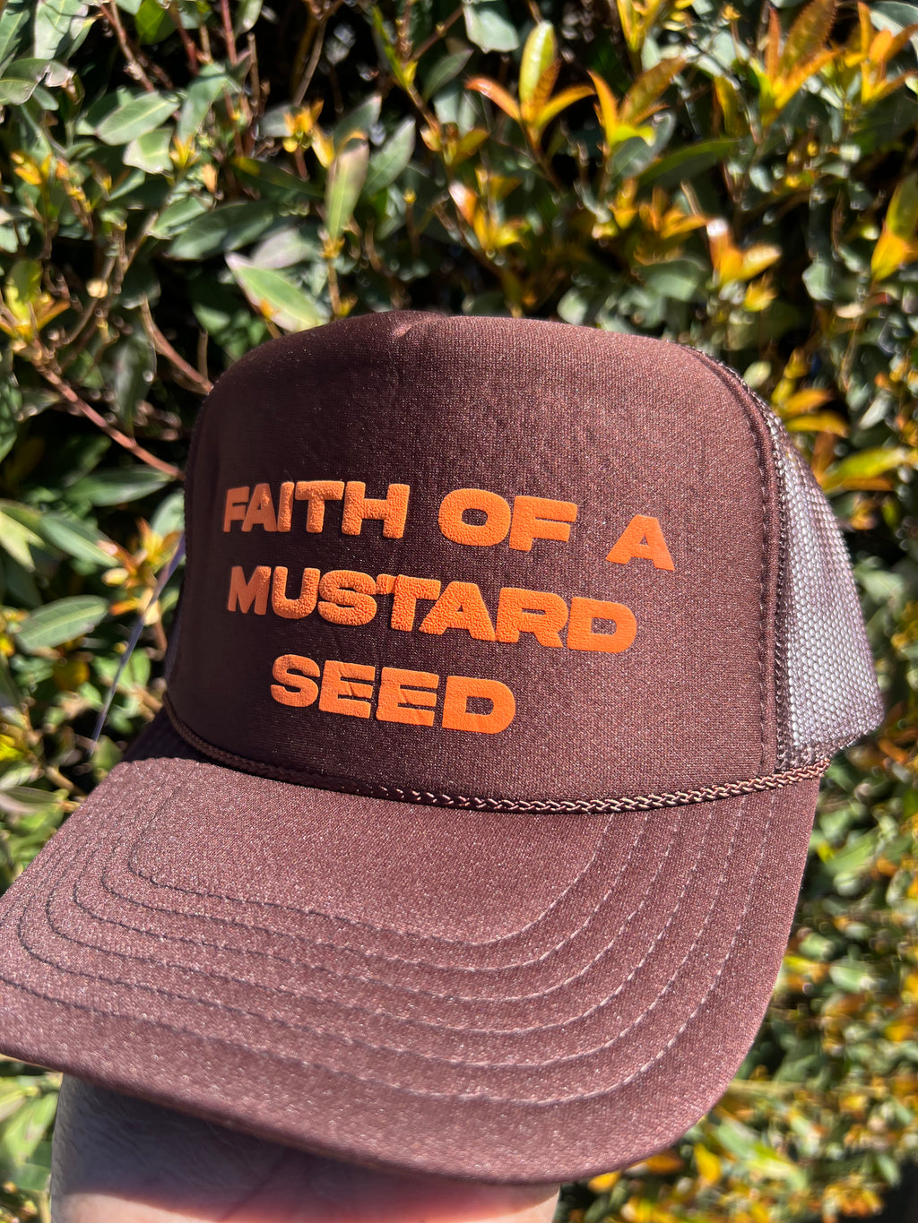Brown and Orange "Faith of a Mustard Seed" Trucker Hat
