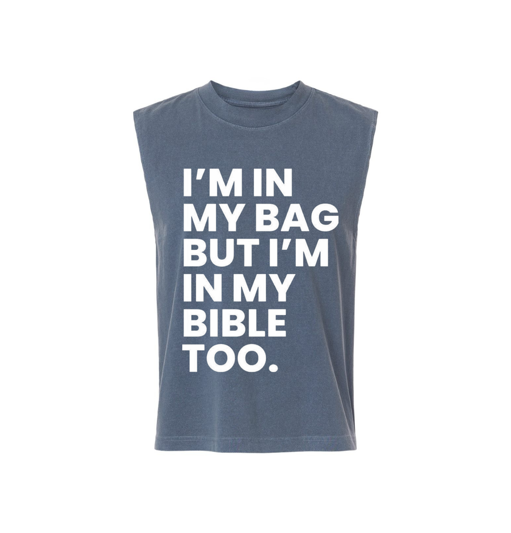 I'm in my bag but i'm in my bible too faded navy mid length tshirt 