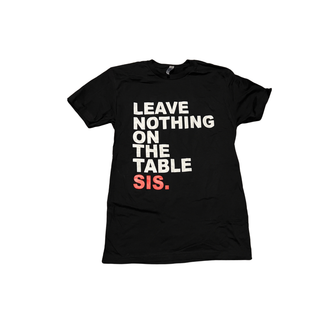 Black t-shirt with white and red text on a w