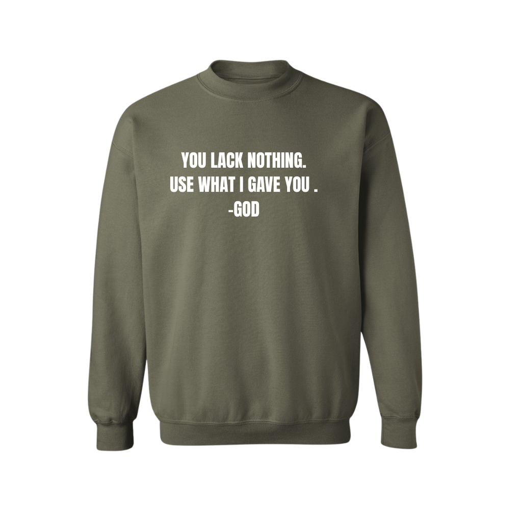 Green sweatshirt with motivational quote on a white background