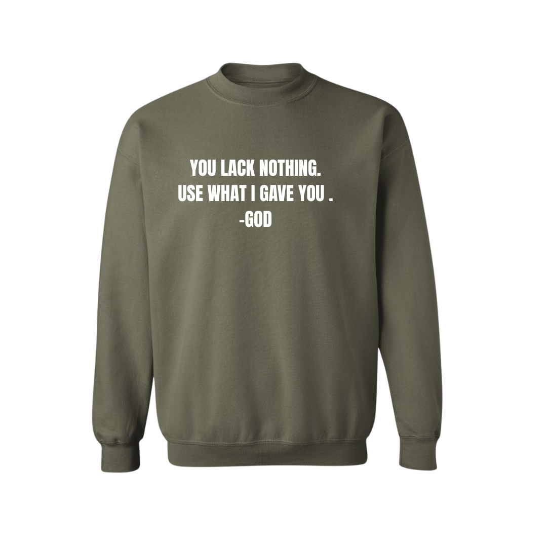Green sweatshirt with motivational quote on a white background