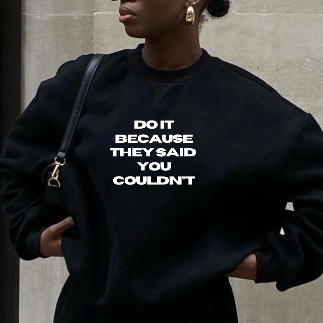 Black unisex crew white writing