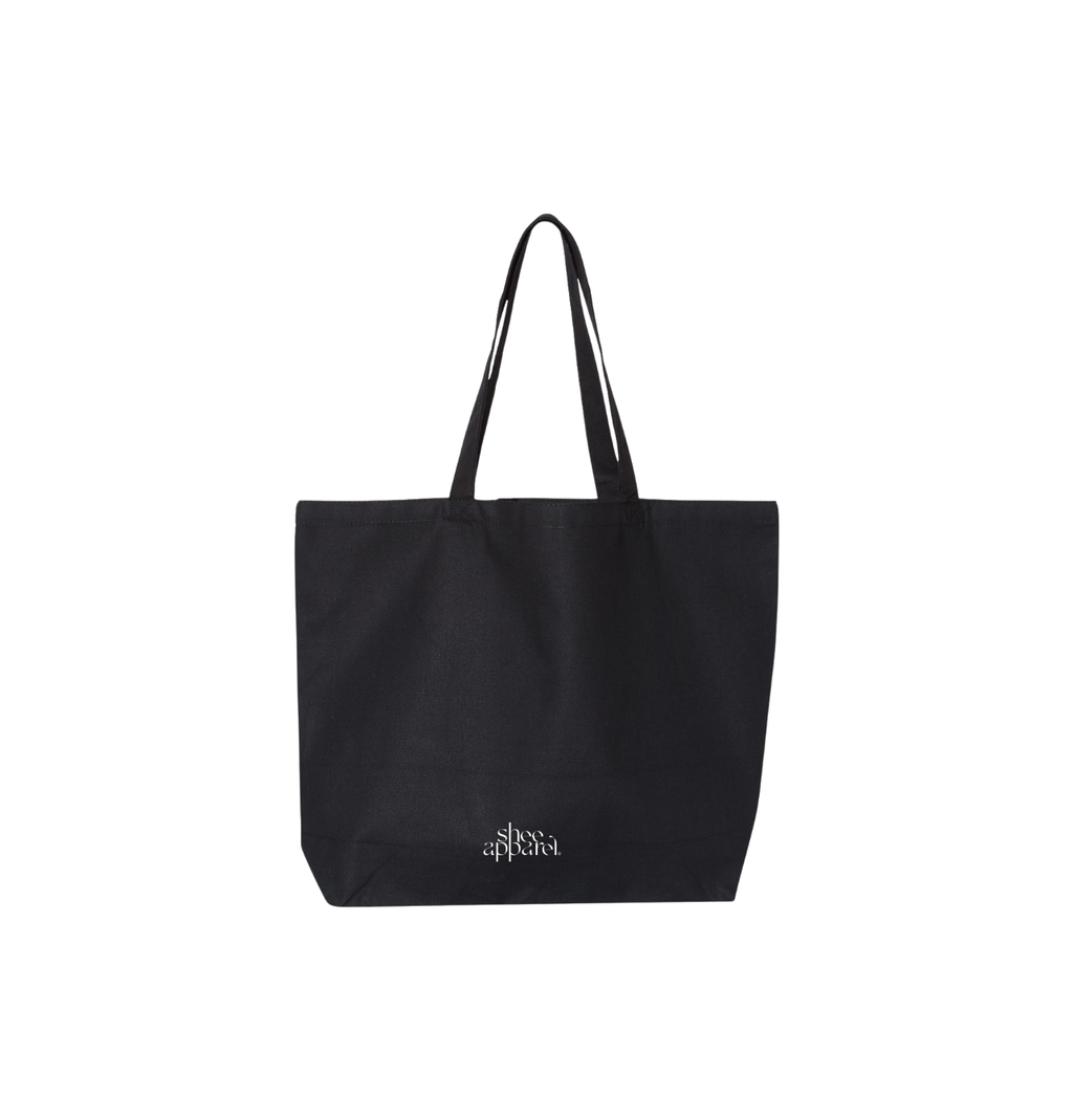 black jumbo tote white writing