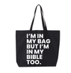 black tote white writing 