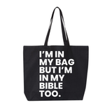 black tote white writing 