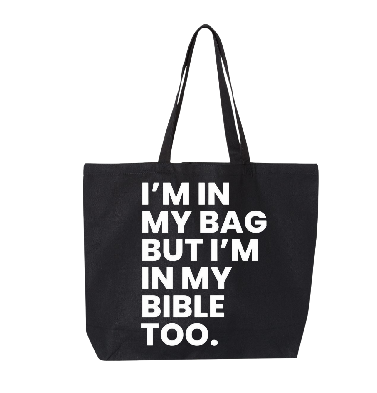 black tote white writing 